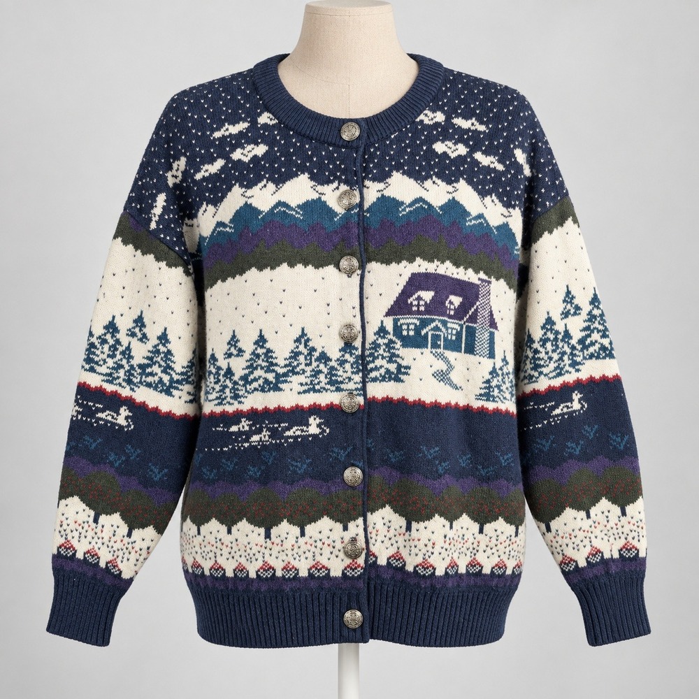 Vintage 90s Winter Cottagecore Landscape Cardigan Sz M Cabin Duck Snow Tapestry
